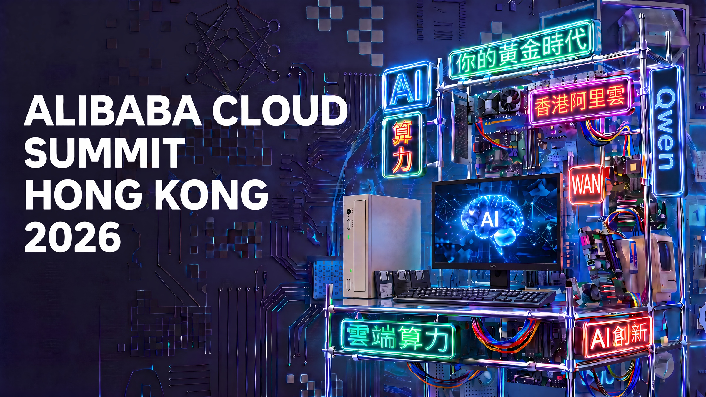 Alibaba Cloud Summit Hong Kong 2026 key visual with a neon AI workstation